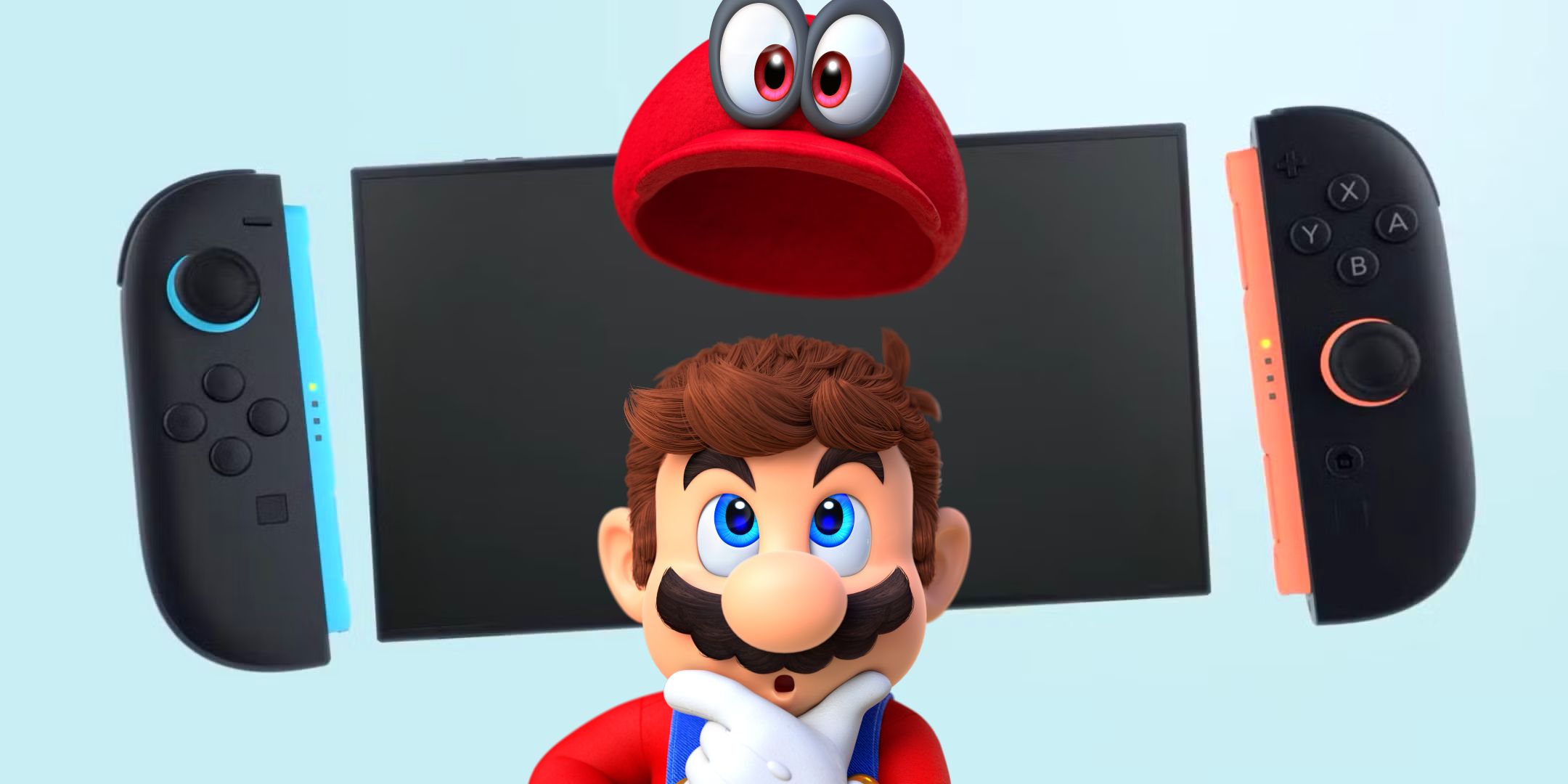 Mario and Cappy in front of a Switch 2.