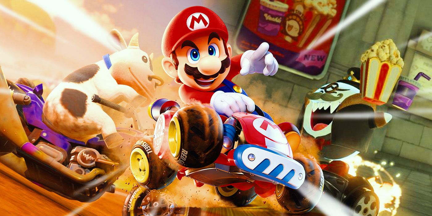 Mario driving a kart with gameplay from the Boo Cinema course and the Cow behind him in Mario Kart World.