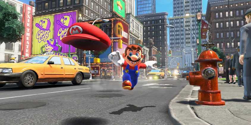 Mario chasing his hat in Super Mario Odyssey.