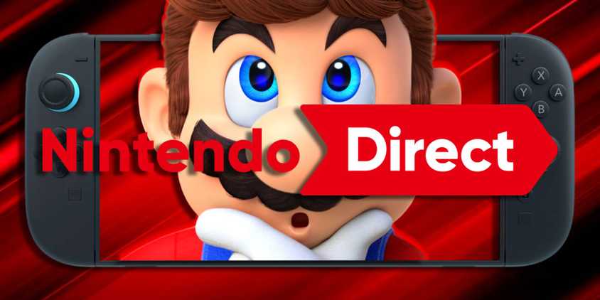 Mario looking confused with the Nintendo Direct logo over him in front of a Nintendo Switch 2.