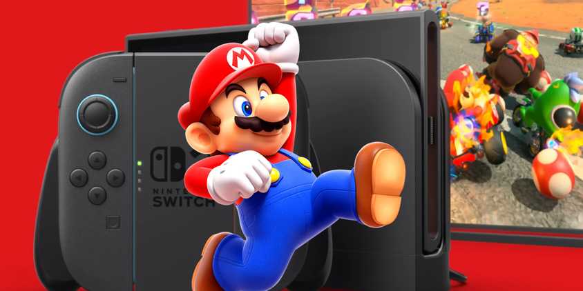 A happy Mario jumping with a Nintendo Switch 2 console behind him.