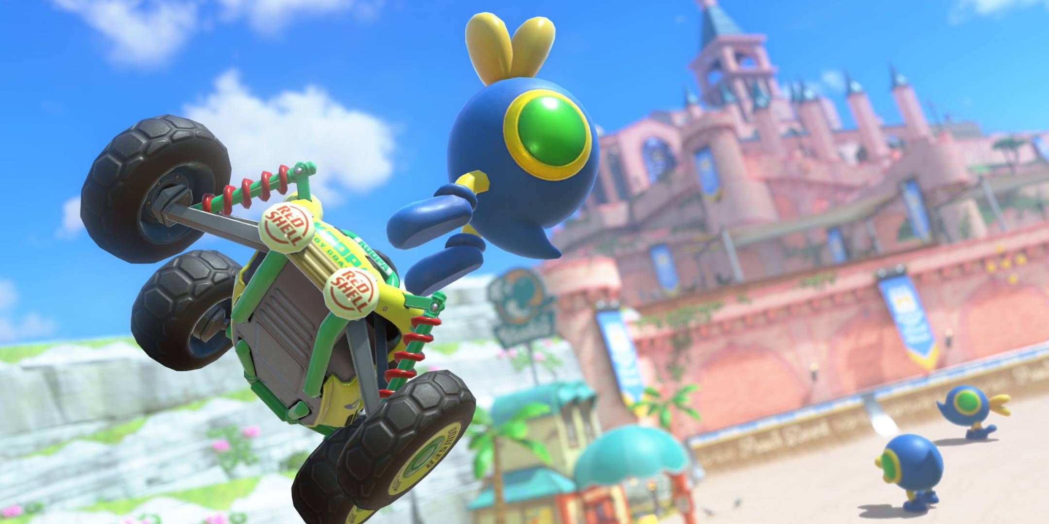 Cataquack from Mario Kart World jumping out of its car.