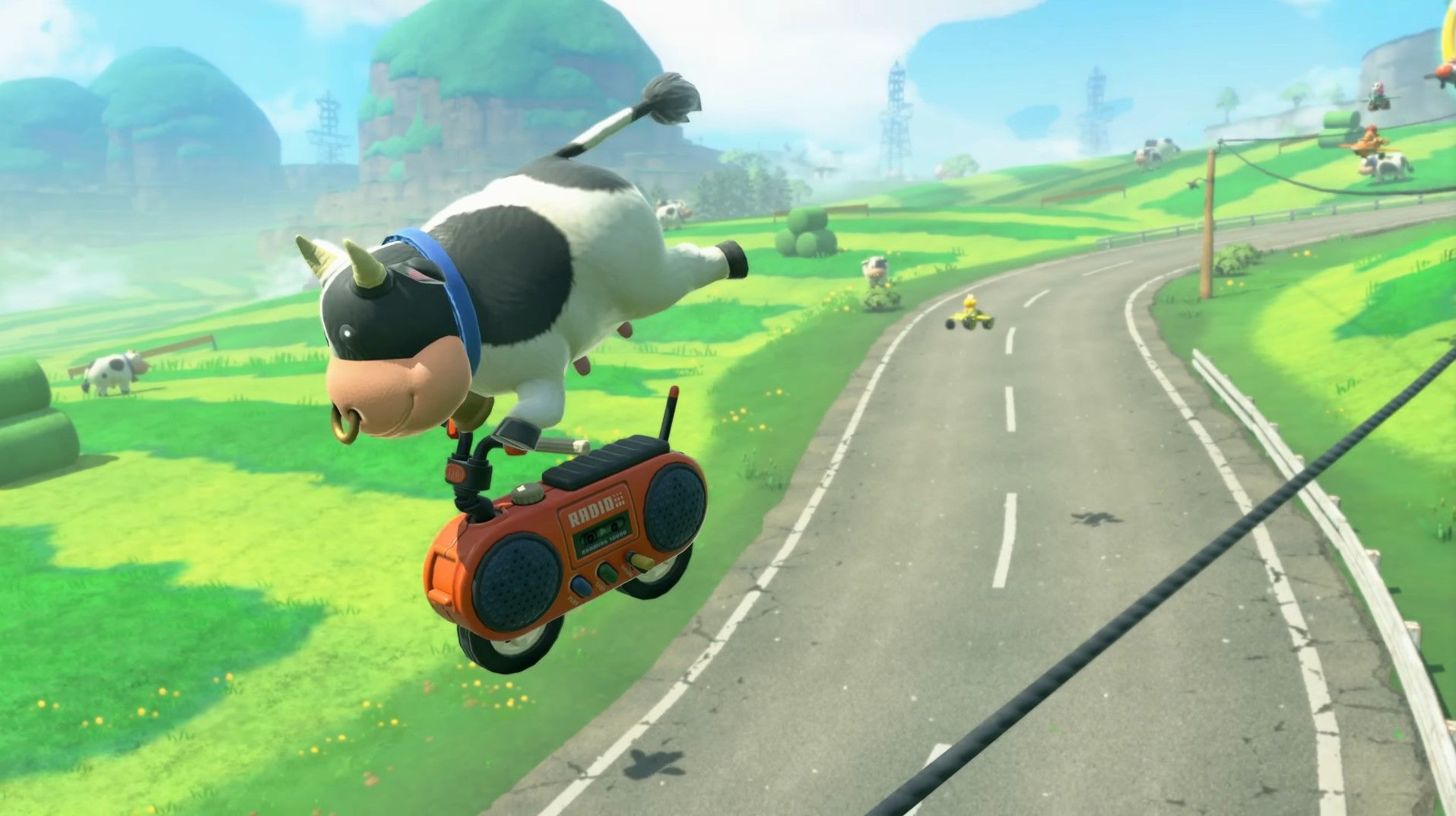Mario Kart World Cow character doing a trick