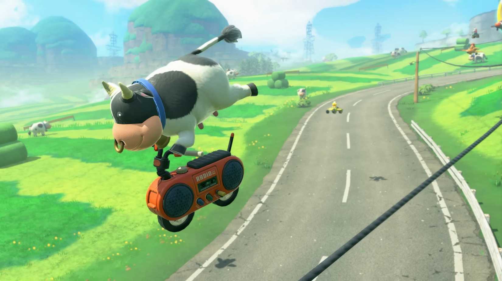 Mario Kart World Cow character doing a trick
