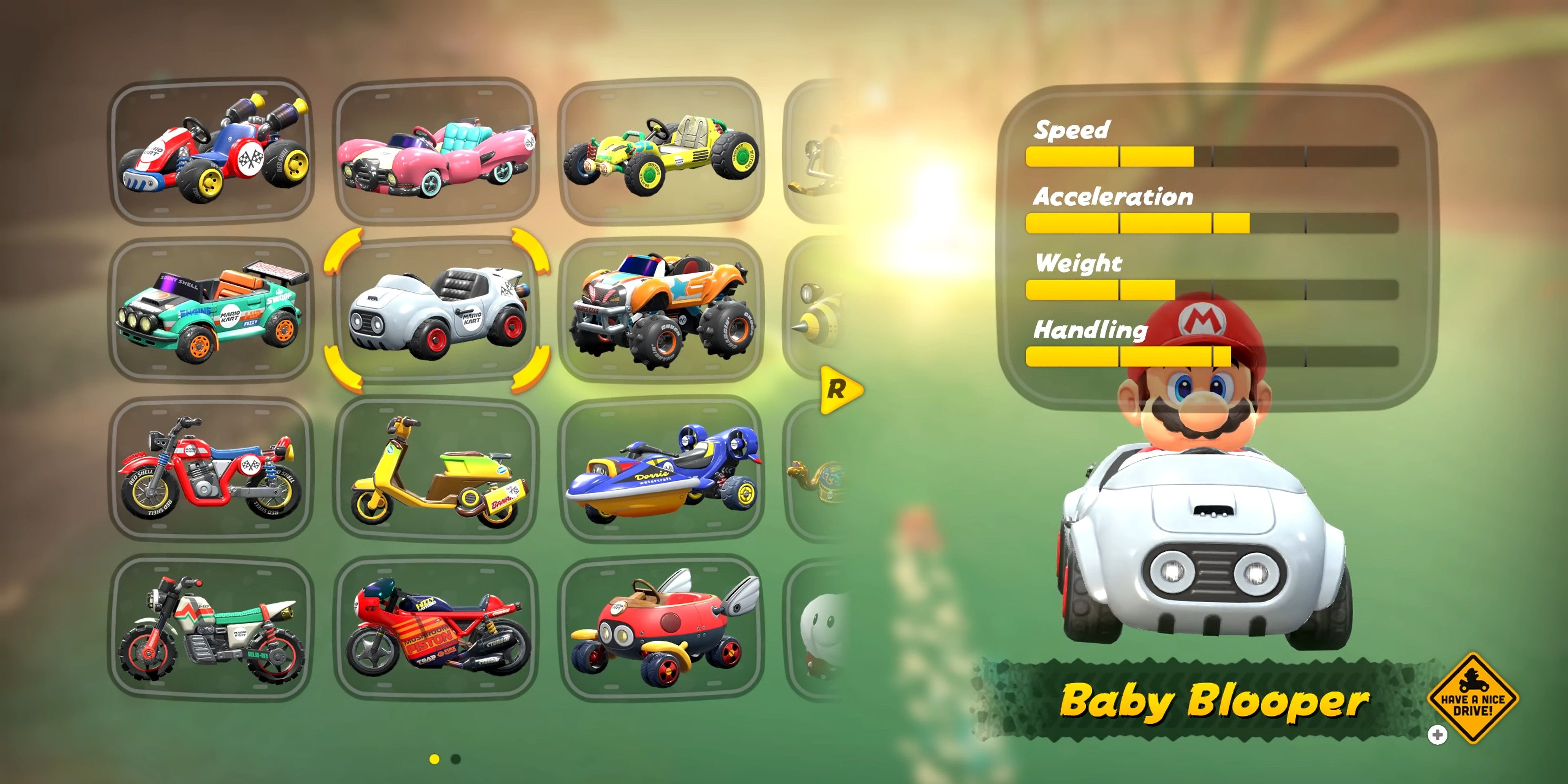 Baby Blooper with Mario and stats in Mario Kart World
