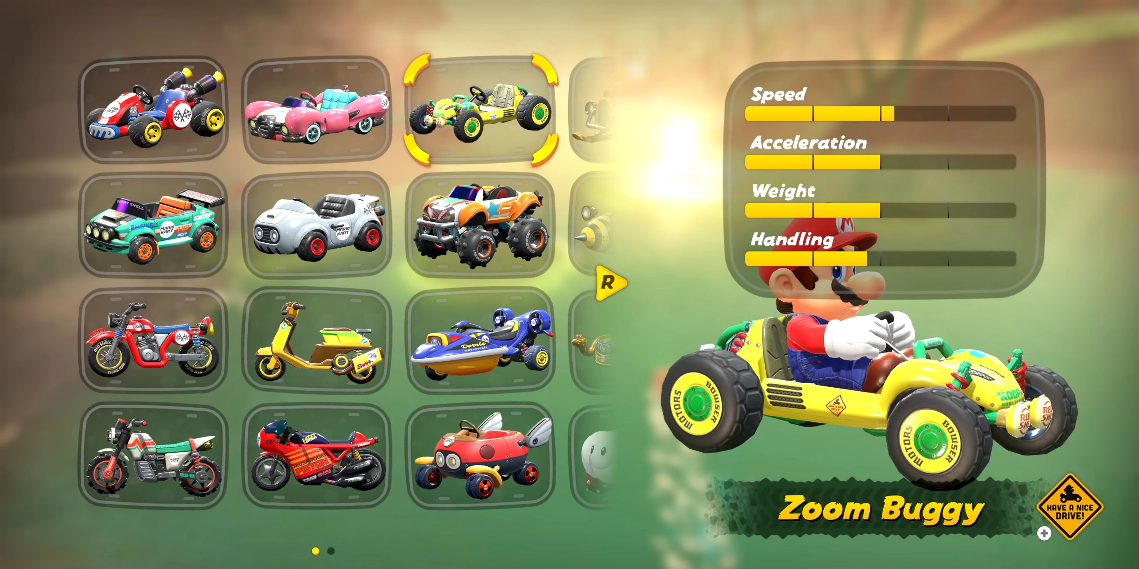 The Zoom Buggy with stats in Mario Kart World