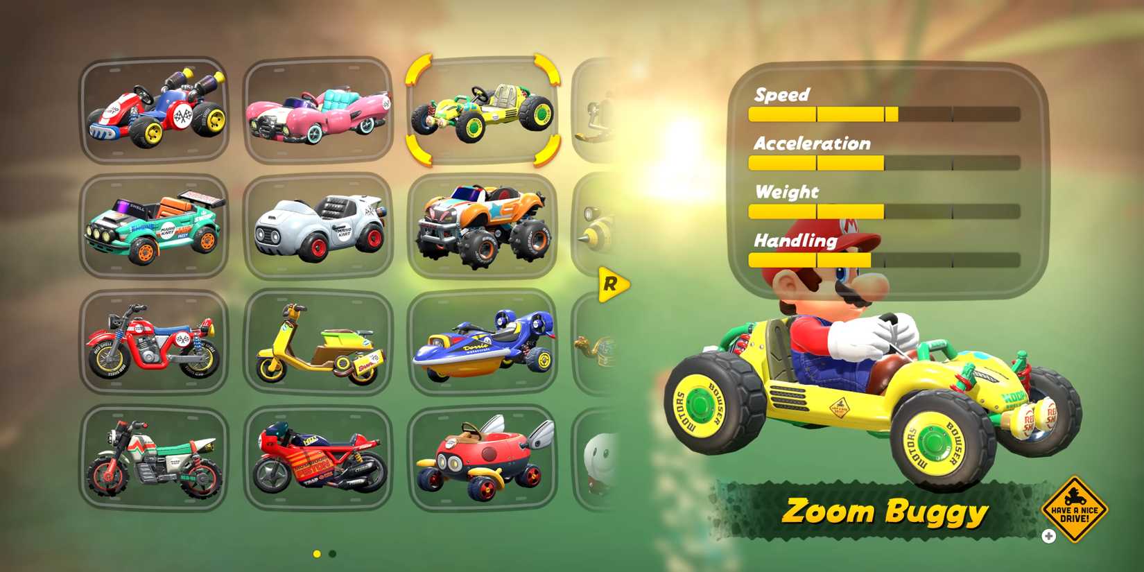 The Zoom Buggy with stats in Mario Kart World