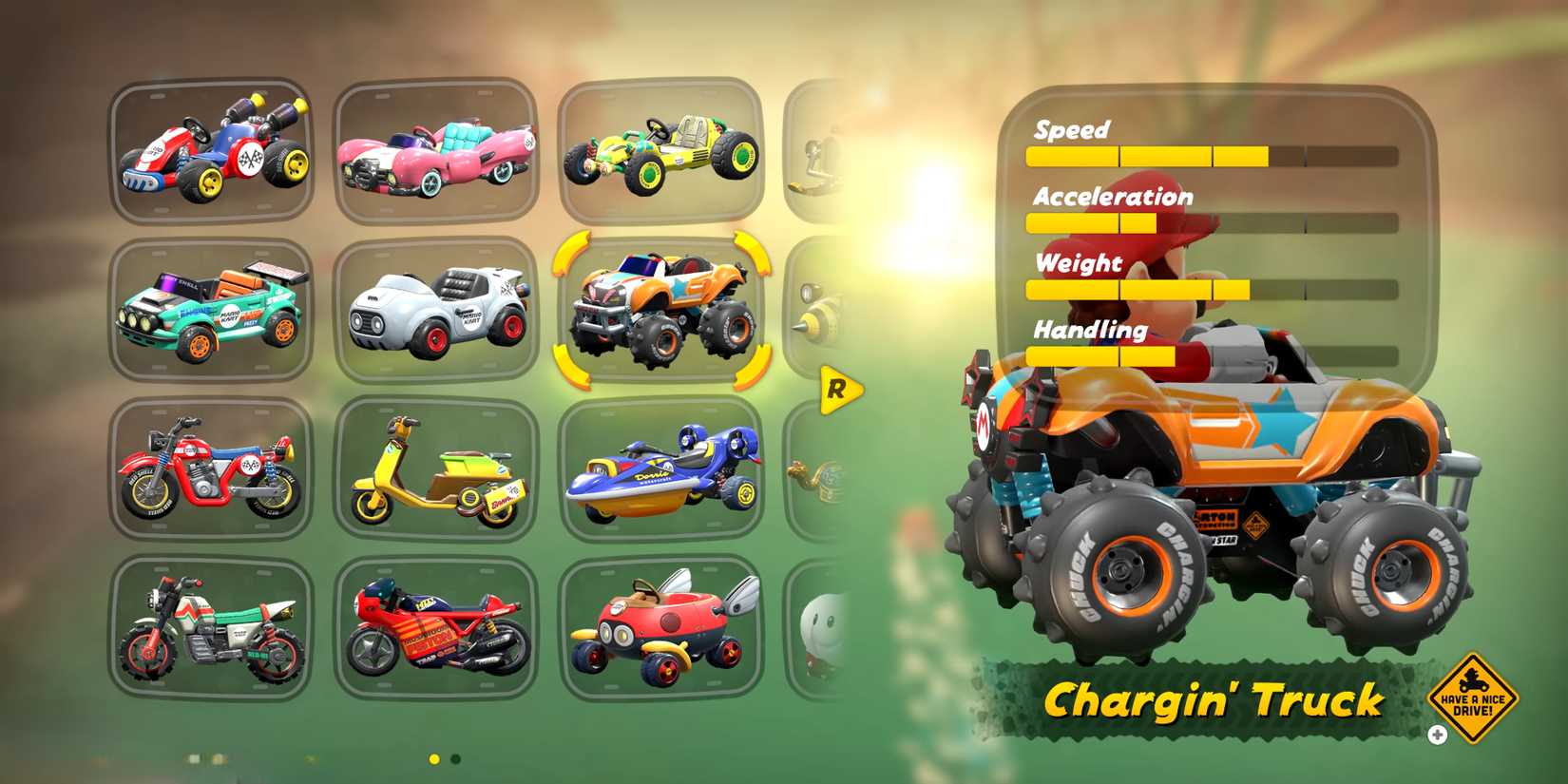 The Chargin' Truck with stats in Mario Kart World