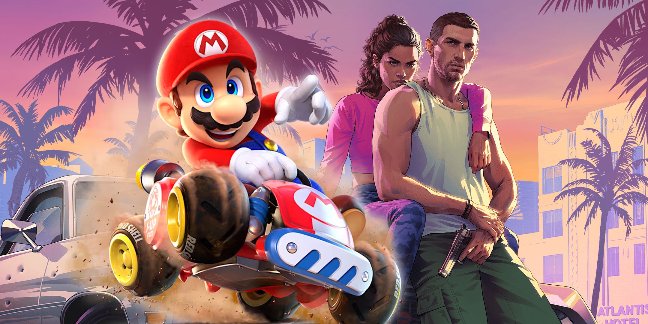 Mario from mario Kart World next to GTA 6 characters