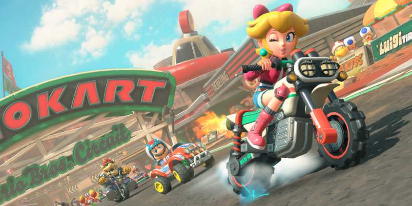 Peach on a motorbike in Mario Kart World