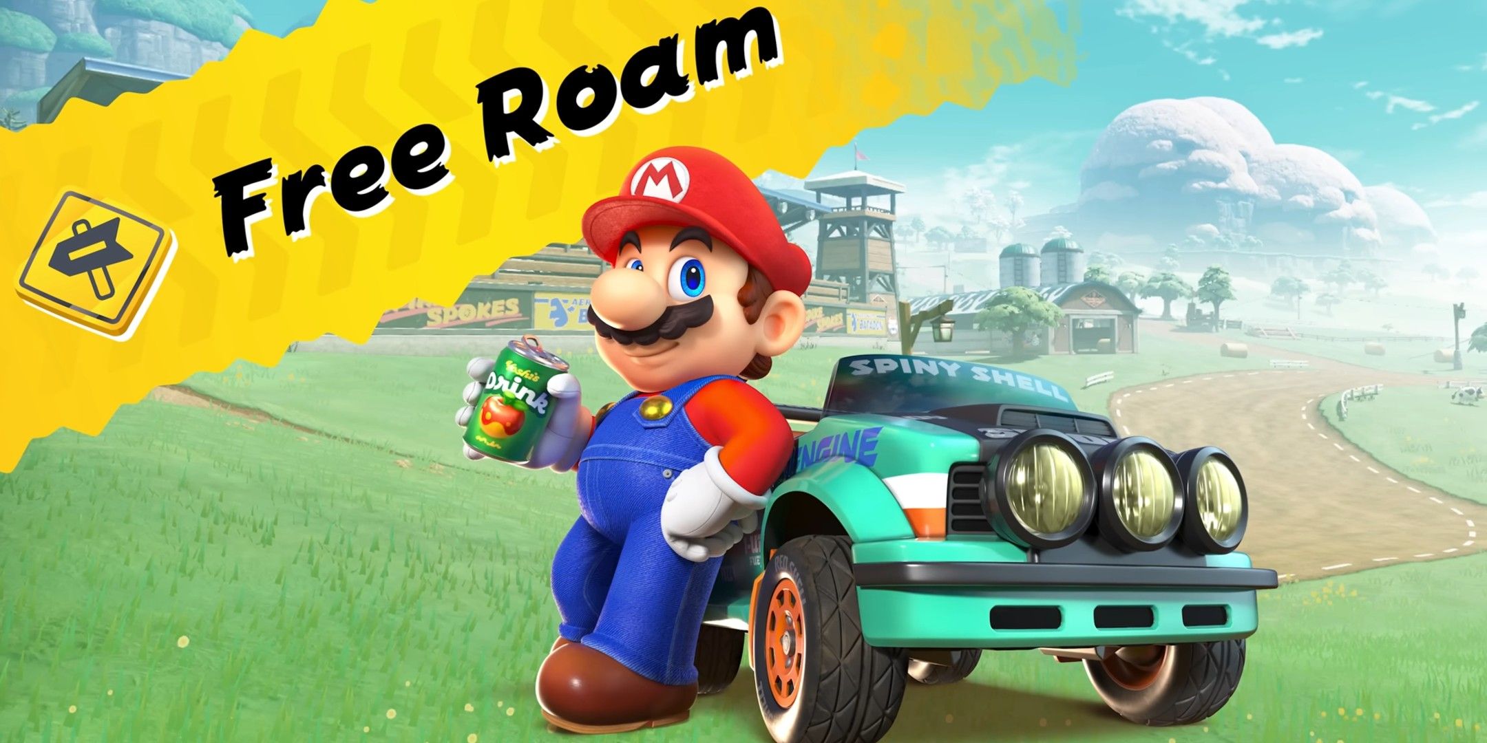 Mario leaning against car in Mario Kart World with the words Free Roam above him.