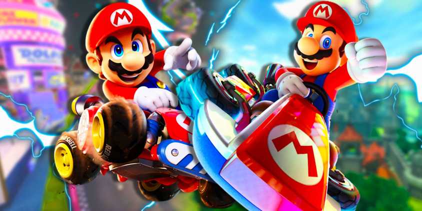 Mario driving a kart in Mario Kart World next to Mario driving a kart in Mario Kart 8 Deluxe.