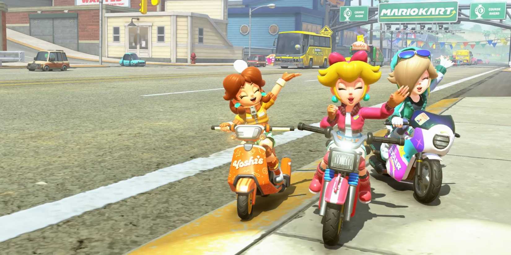 Rosalina, Peach, and Daisy hanging out on bikes in Mario Kart World.