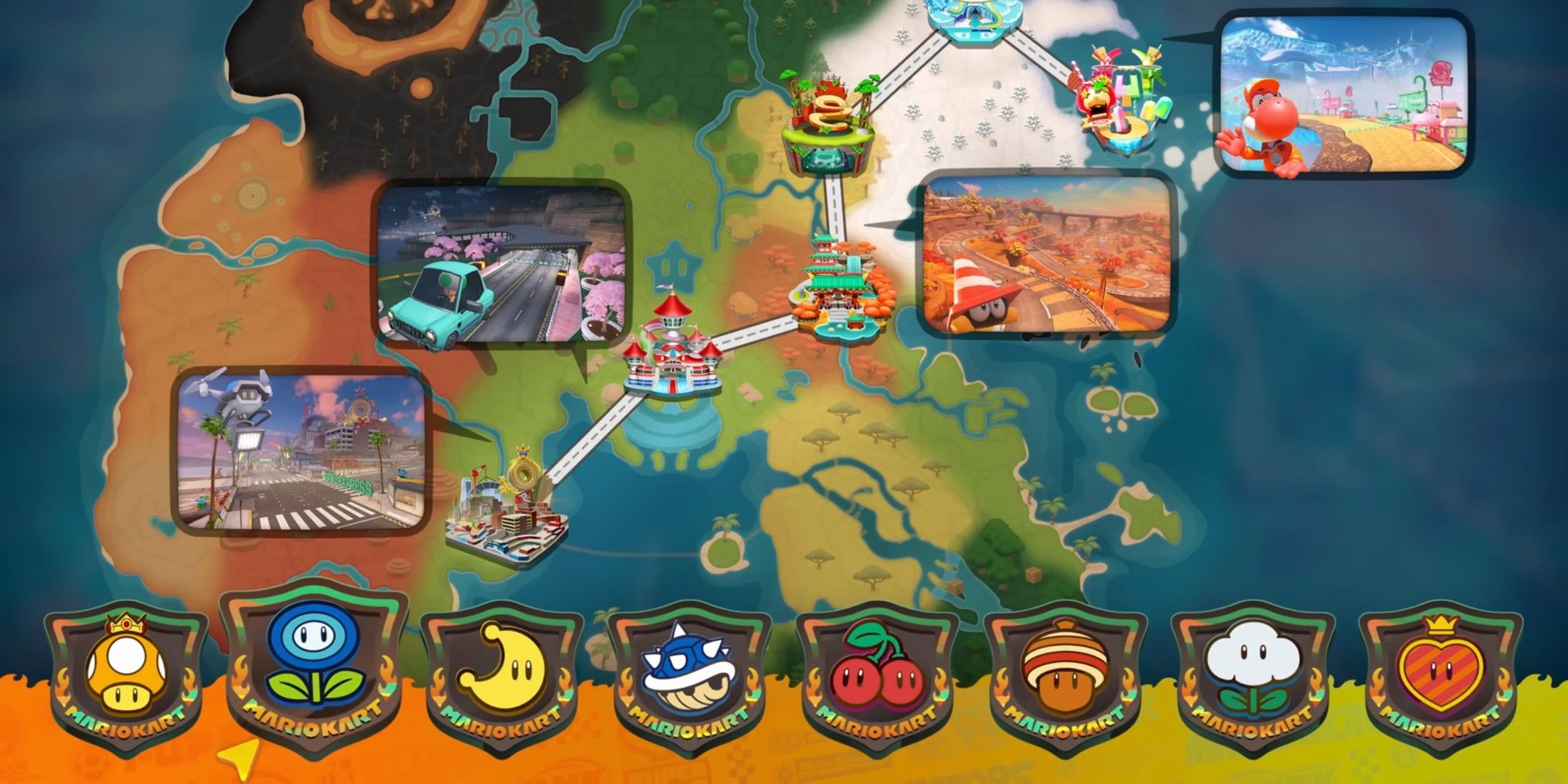 The Mario Kart World Knockout Tour map showcasing various tracks available.