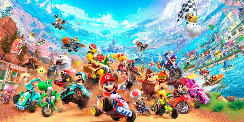 Key art from Mario Kart World showing off the playable characters in a canyon.