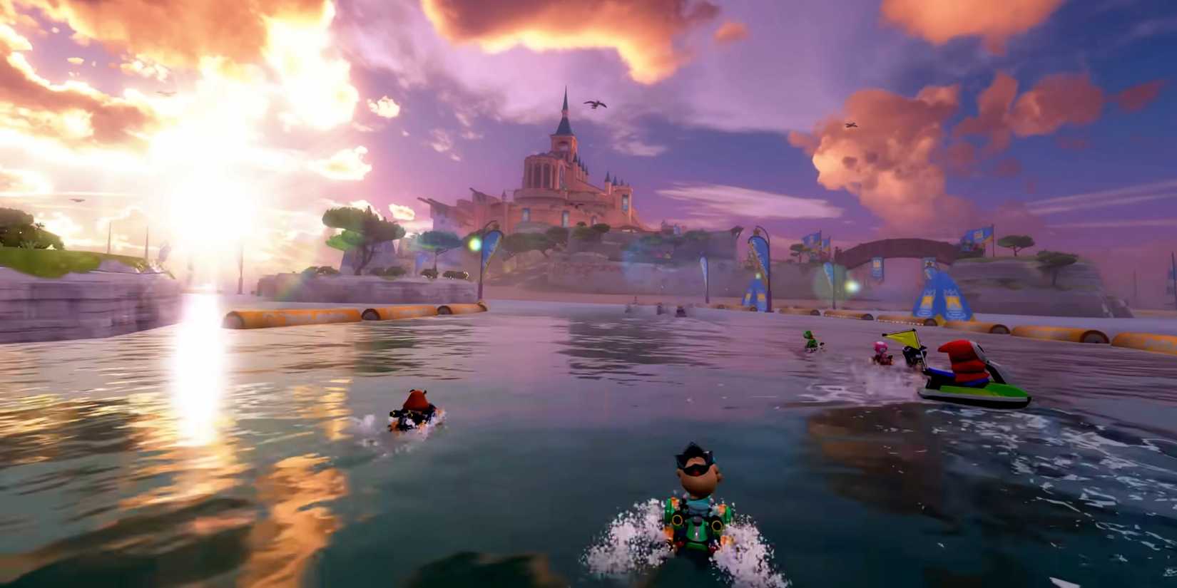 Racers driving on a Mario Kart world water-based track.