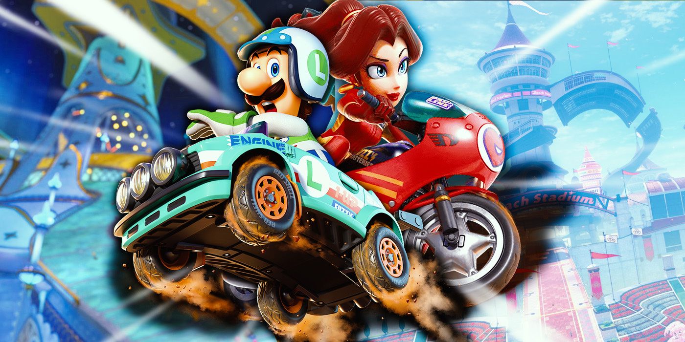 Pauline driving a bike and Luigi in a kart in Mario Kart World with gameplay behind them.