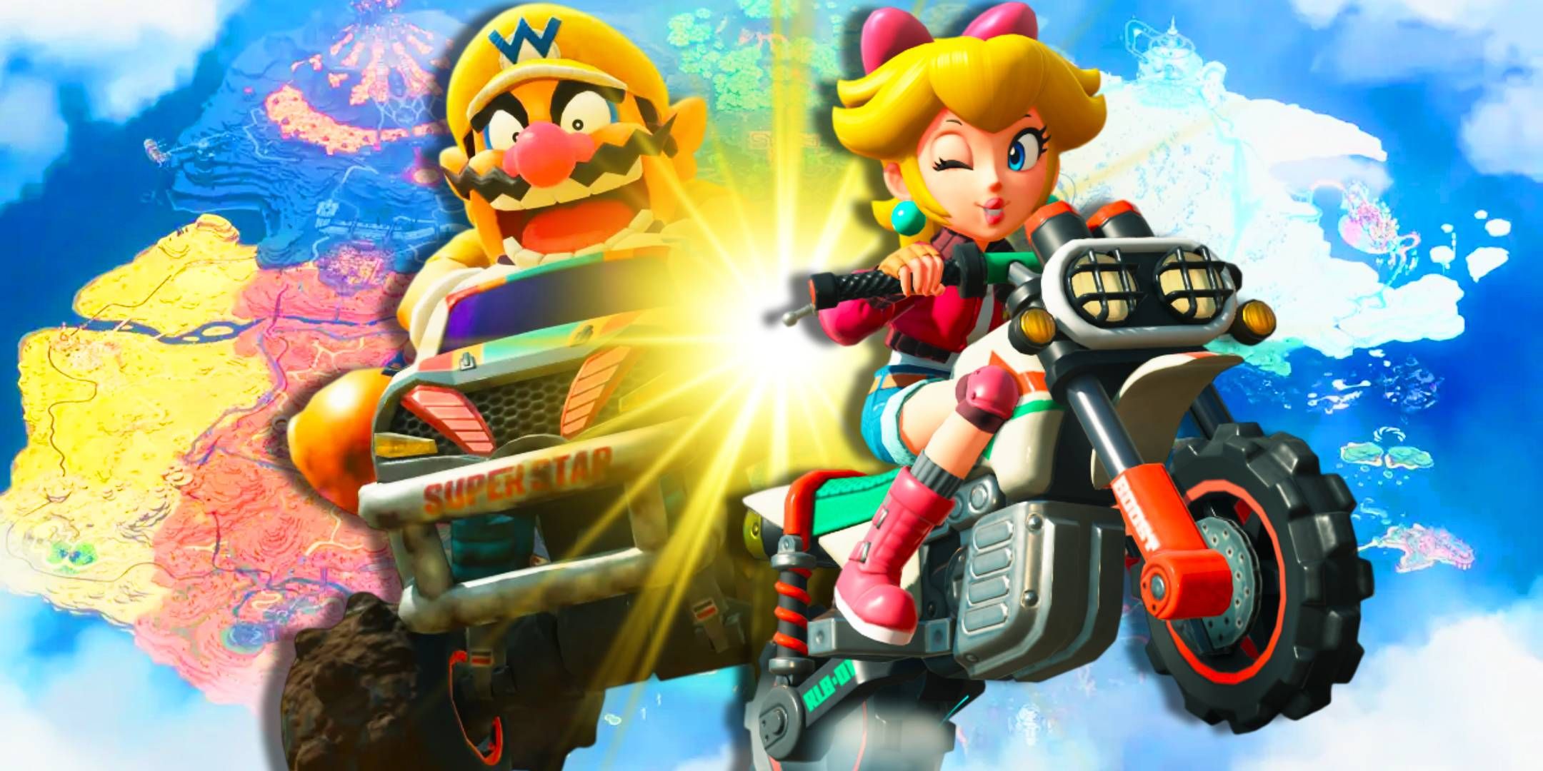 Warior looking happy while driving a car in Mario Kart World next to Peach winking on a motorbike.