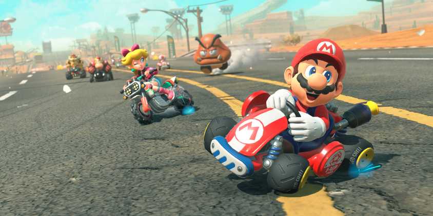 A screenshot of Mario and Peach racing on Mario Bros. Circuit in Mario Kart World