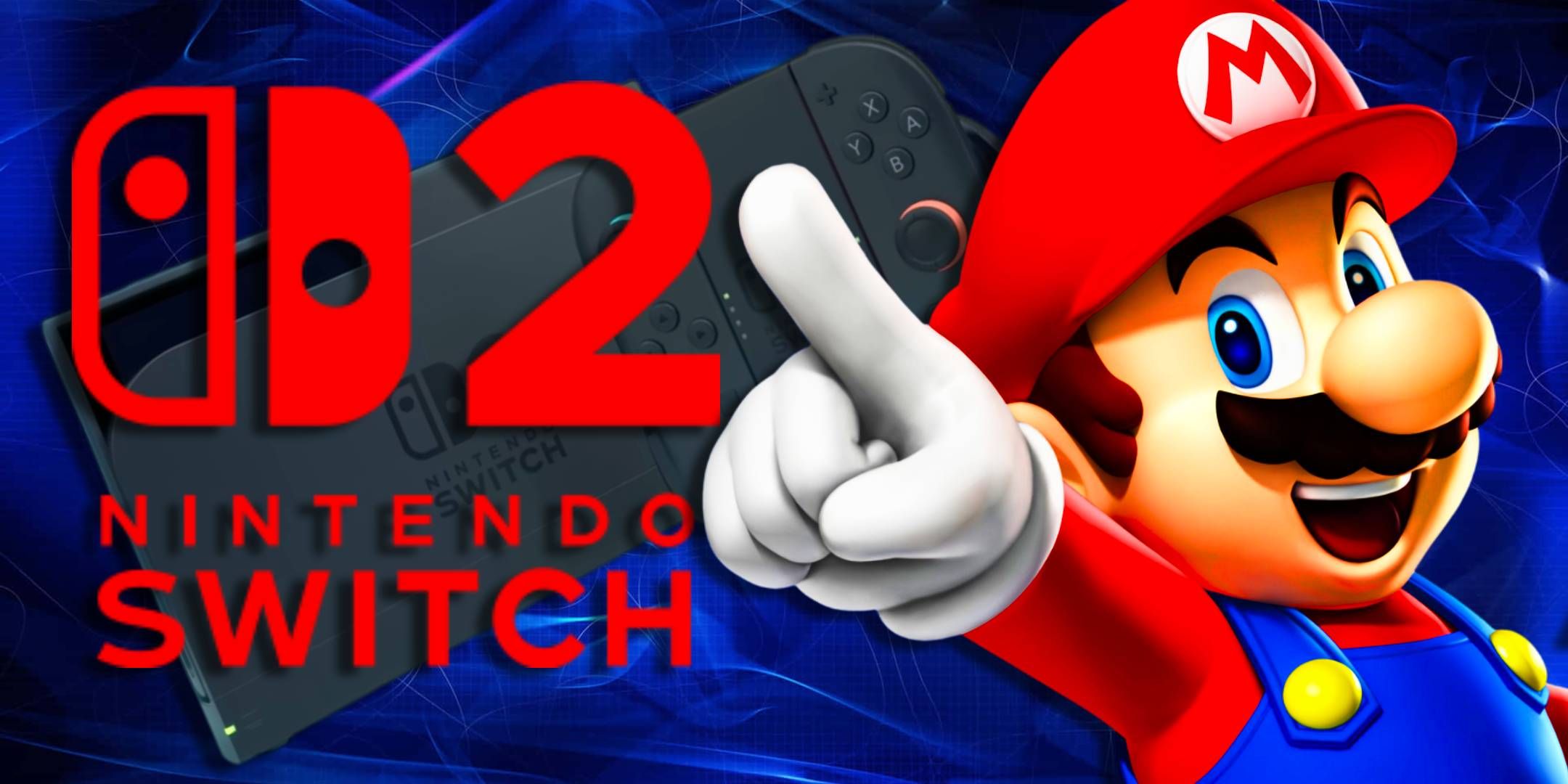 Mario apontando para o logotipo da Nintendo Switch 2 com um Nintendo Switch 2 ancorado 2 atrás dele.