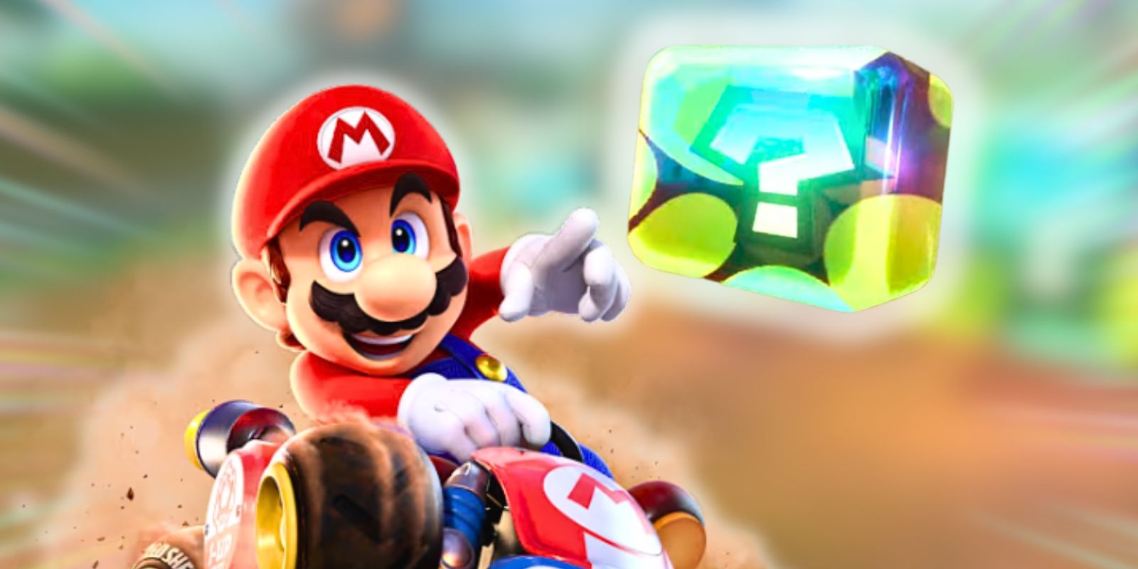 Mario reaching for an item block from Mario Kart World