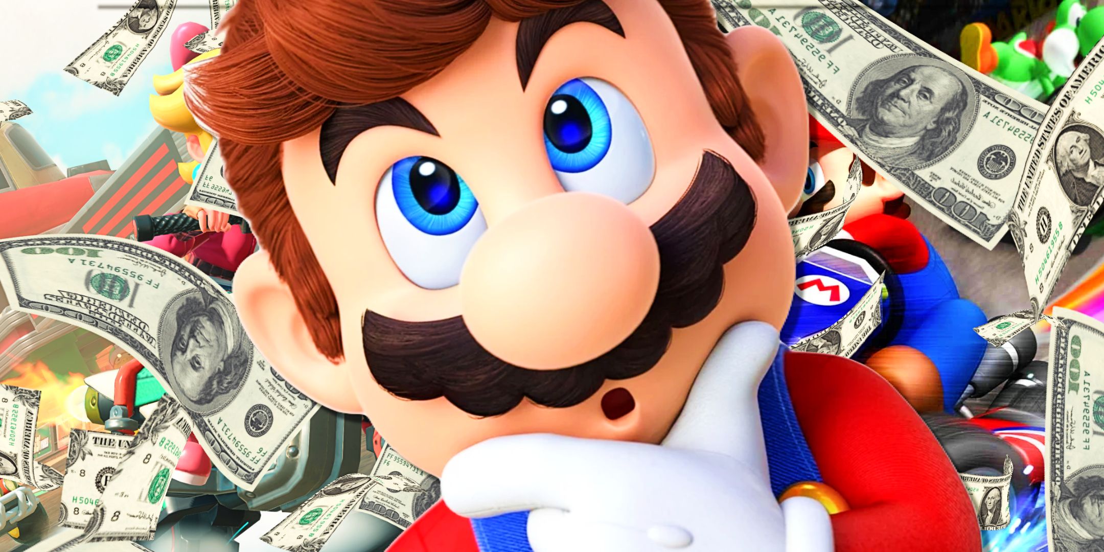 Mario rubs his chin with a gloved hand in the foreground. Behind him, hundred-dollar bills rain from the sky over imagery from Mario Kart 8 and World of Mario and Peach racing.