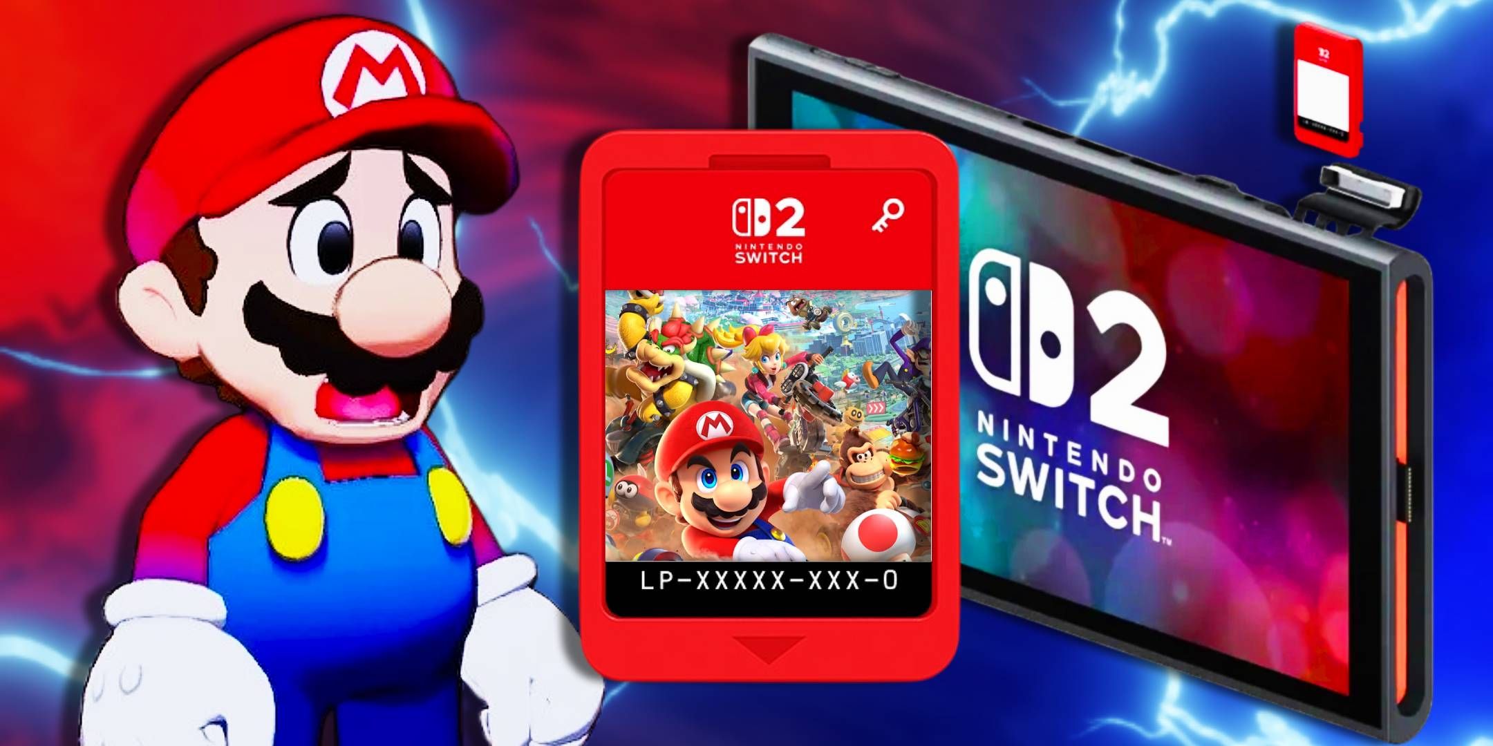 Mario looking shocked at the Nintendo Switch 2 Game Key Card.