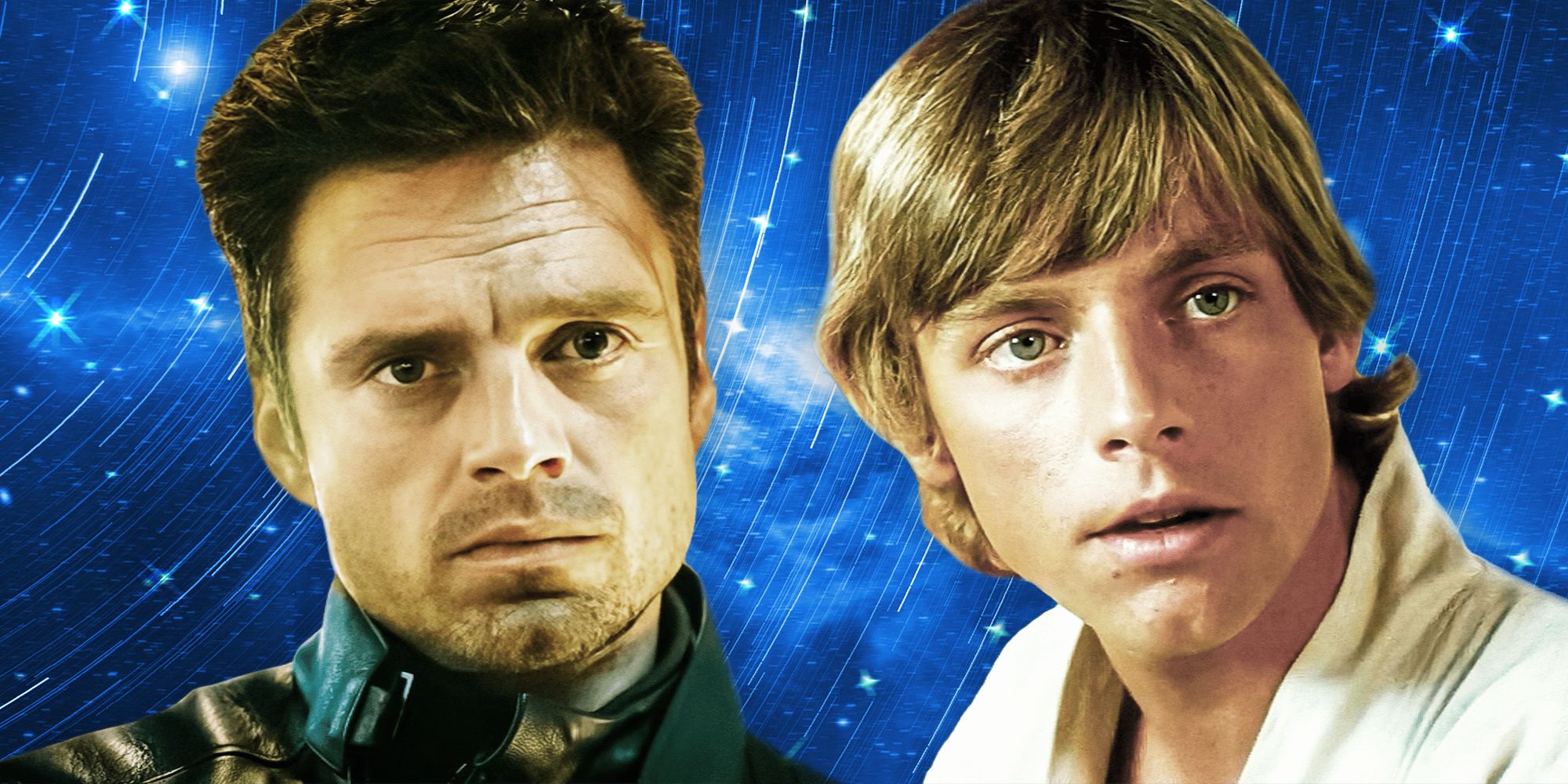 Mark Hamill as Luke Skywalker in Star Wars a New Hope Next to Sebastian Stan as Bucky in MCU