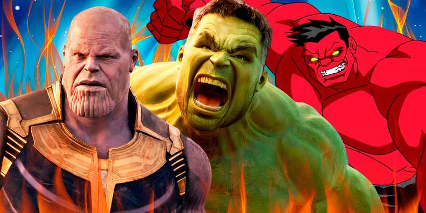 Mark Ruffalo's Hulk in the middle and the MCU's Thanos and Red Hulk from The Avengers Earth's Mightiest Heroes either side