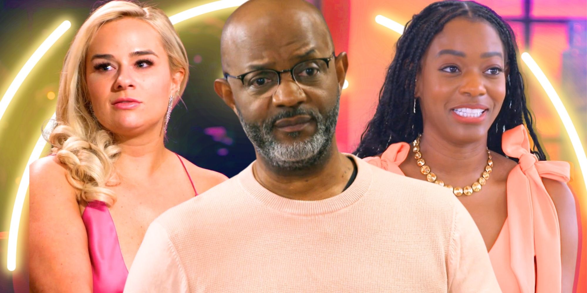 Married at First Sight cast Emily Balch, Pastor Cal, &amp; Emem Obot in side by side images with different expressions