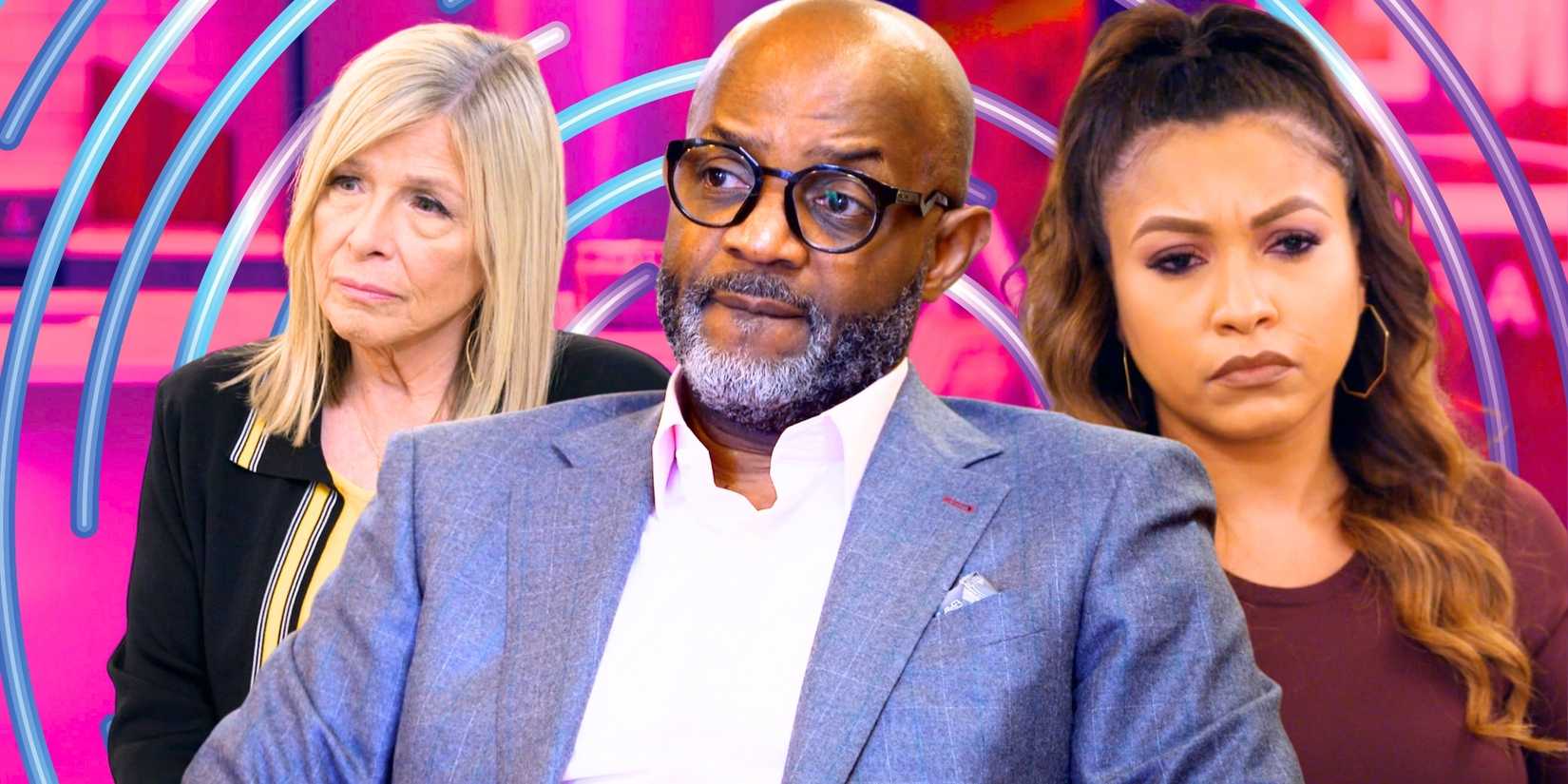 Married at First Sight experts Pastor Cal, Dr. Pia, & Dr. Pepper in side by side images with different expressions