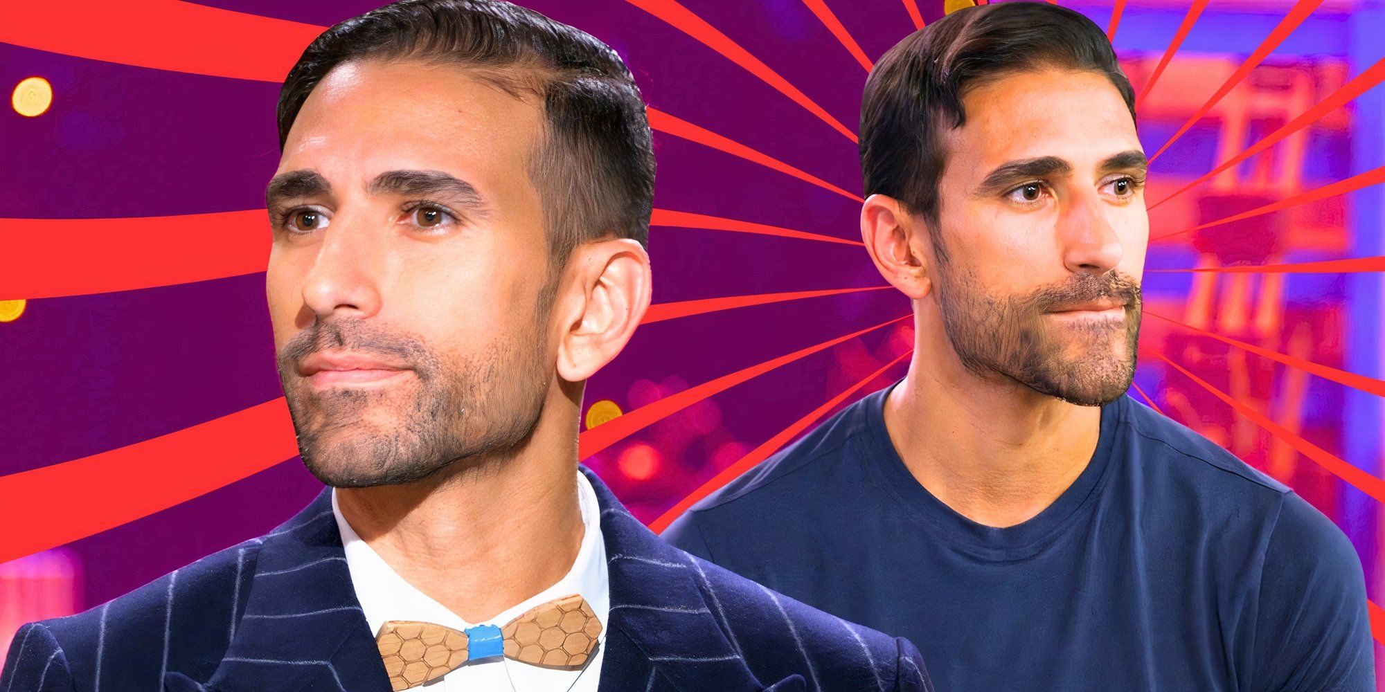 Married At First Sight star Juan Franco in formal and casual outfits with red and purple background