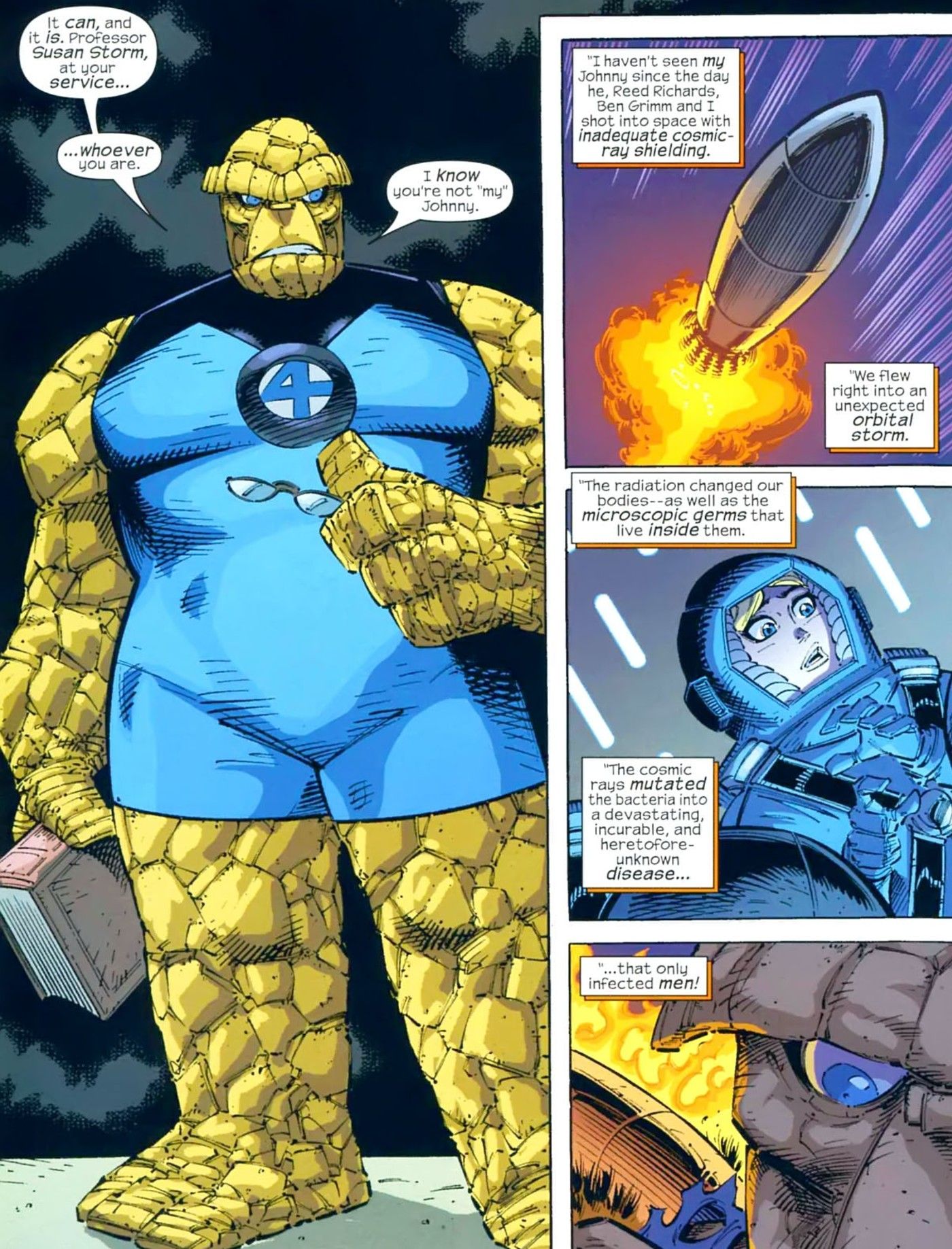 Marvel Adventures Fantastic Four #25 Sue reveals that the cosmic rays spread a virus that killed all men in her world