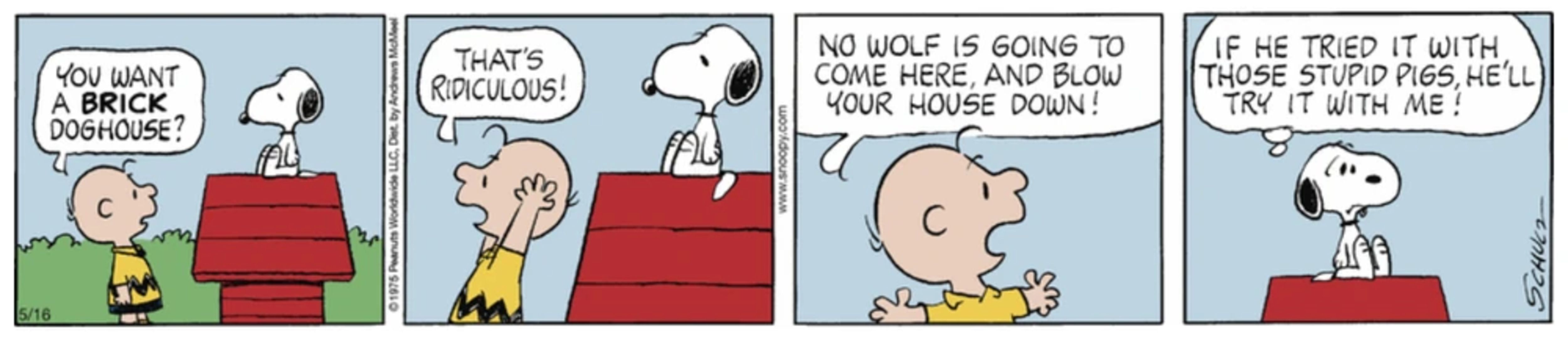 Charlie Brown getting annoyed with Snoopy on top of his doghouse.