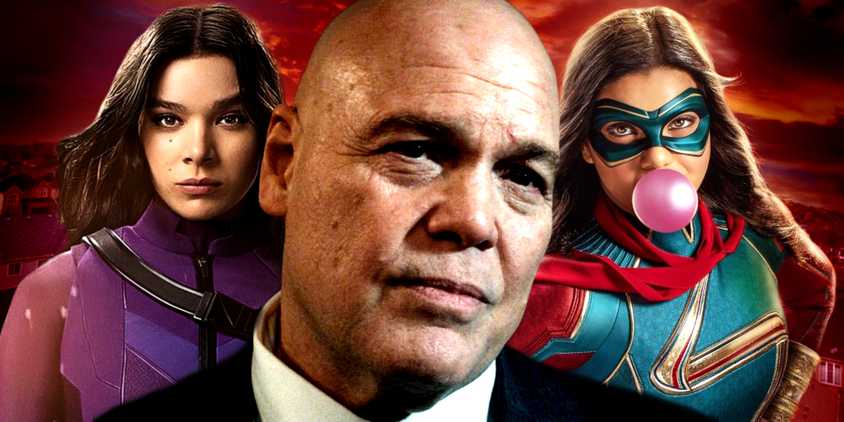 Mayor Wilson Fisk sits in his office in Daredevil Born Again with Young Avengers founding members Kate Bishop and Ms Marvel behind him