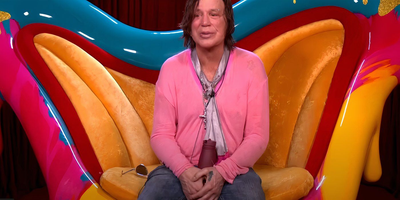 Celebrity Big Brother UK&rsquo;s Mickey Rourke sitting on a brightly colored chair in the Diary Room