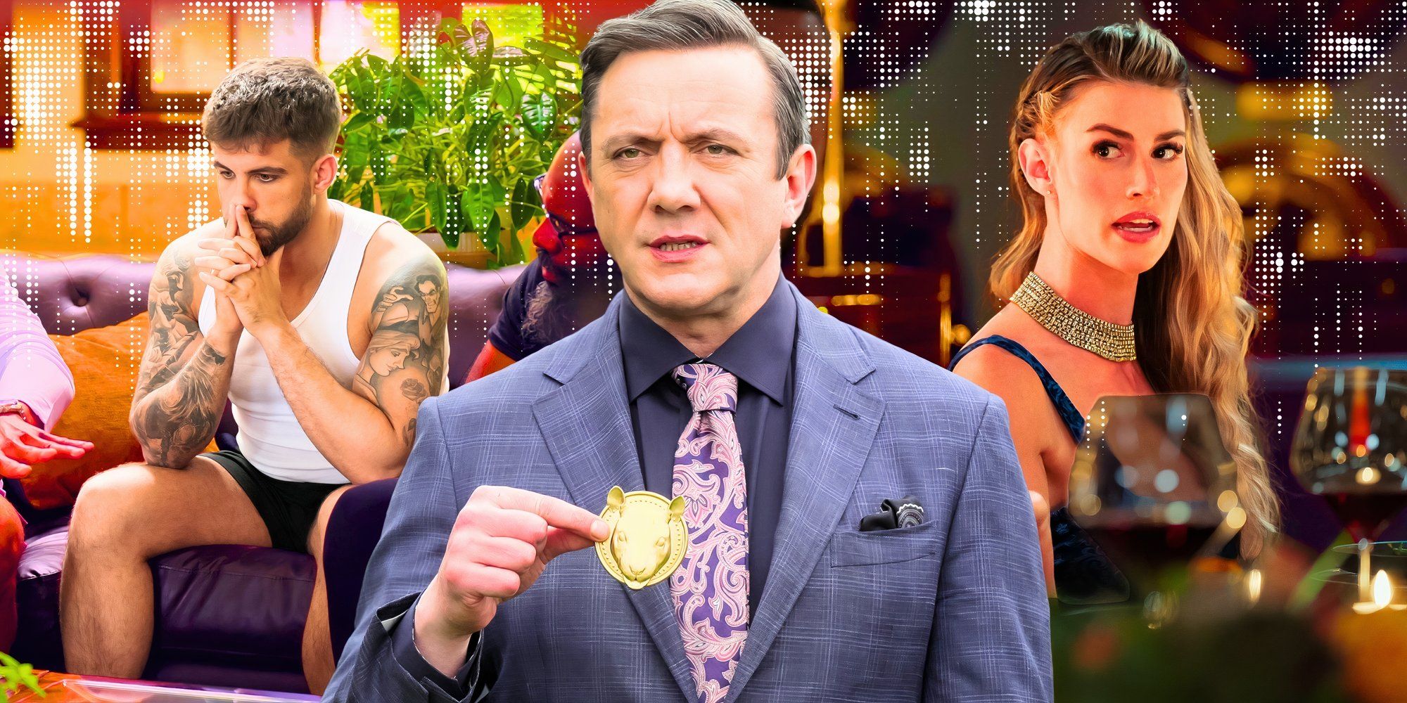 Million Dollar Secret star Peter Serafinowicz holding a coin and Sydnee with another cast member
