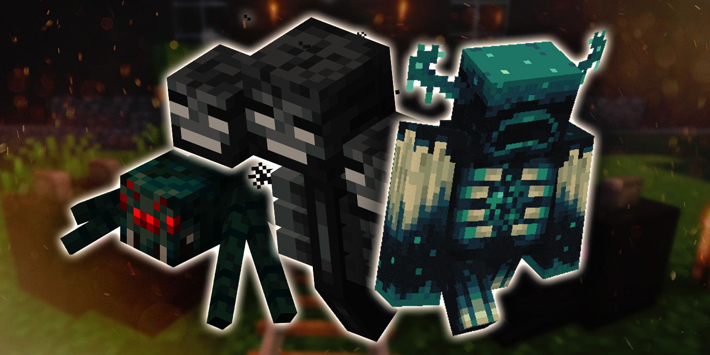 A spider, Wither, and Warden from Minecraft