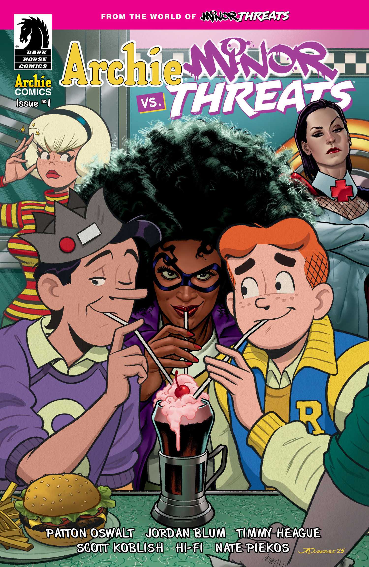 Archie and Jughead sharing a milkshake with a Minor Threats character.