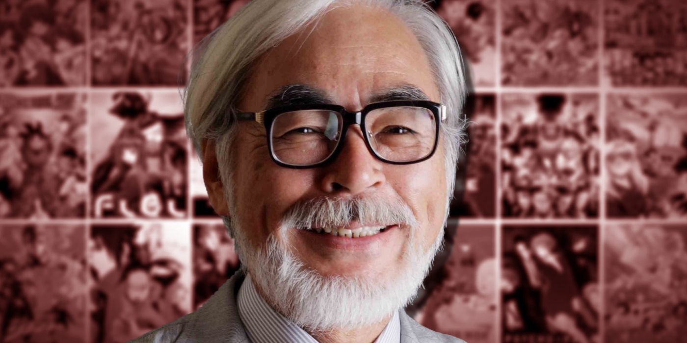 Hayao Miyazaki smiling over an image of various anime posters.