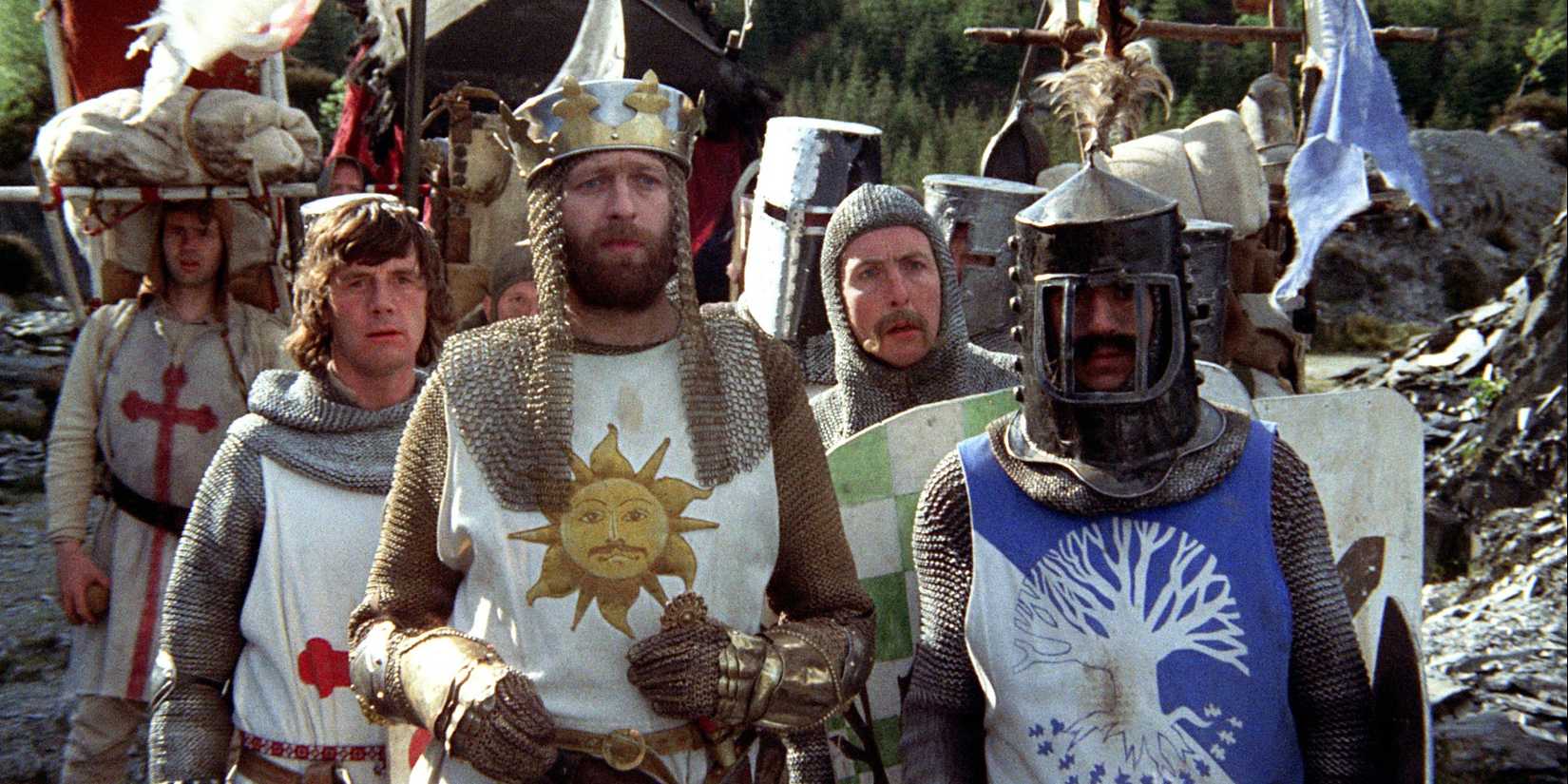 Monty Python and the Holy Grail's King Arthur and his knights marching