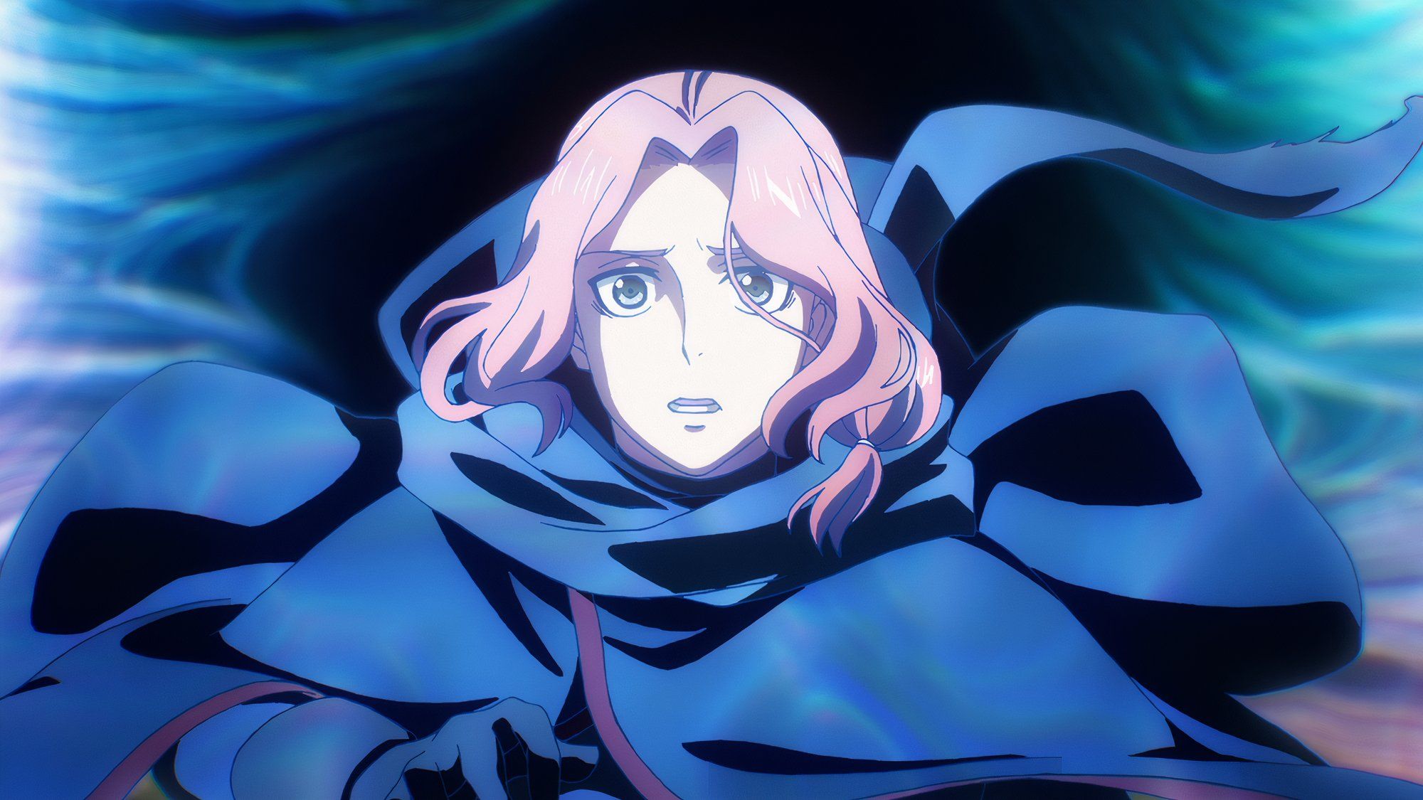 A character in a blue robe looking distressed in Moonrise on Netflix