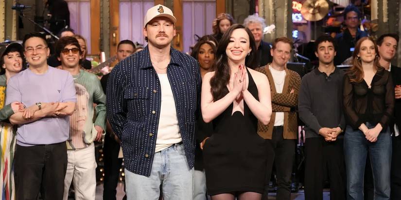 Morgan Wallen appears on SNL in front of a crowd of people during the end credits
