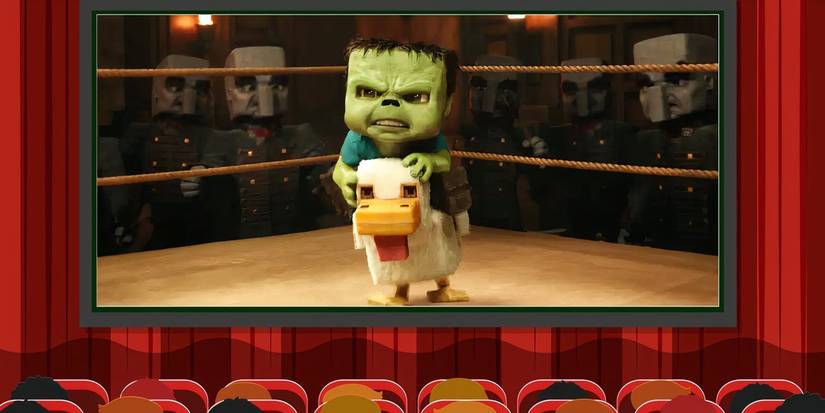 Clip art of a movie theater with a chicken jockey from A Minecraft Movie (2025) on the screen