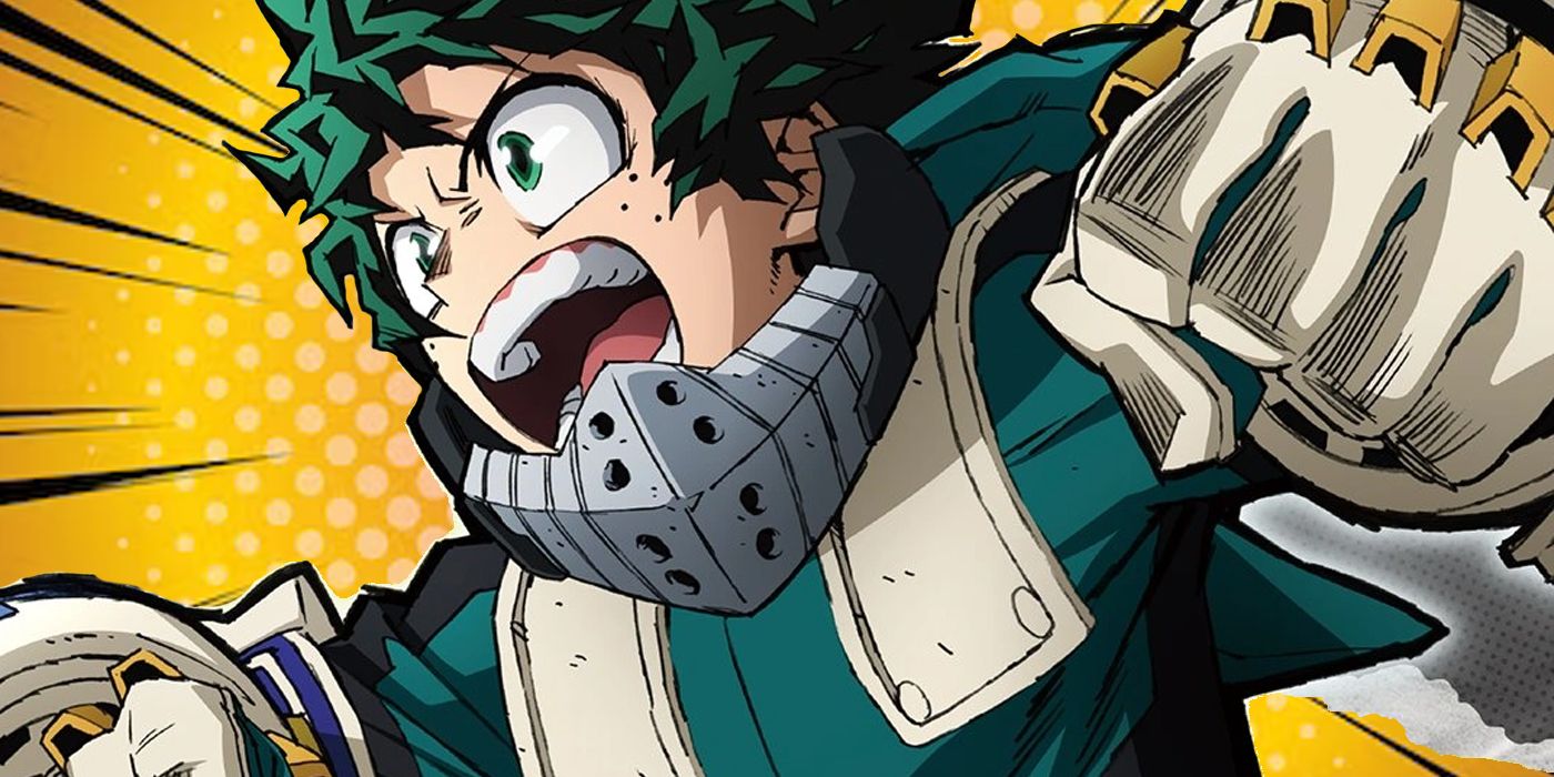 Deku screaming in front of a screen tone background.