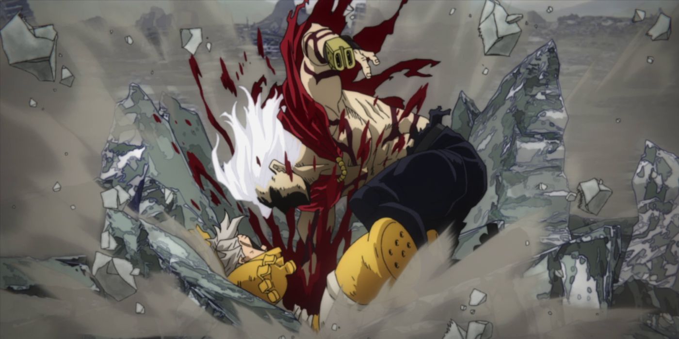 Shigaraki punches through Gran Torino&rsquo;s chest, permanently debilitating him.