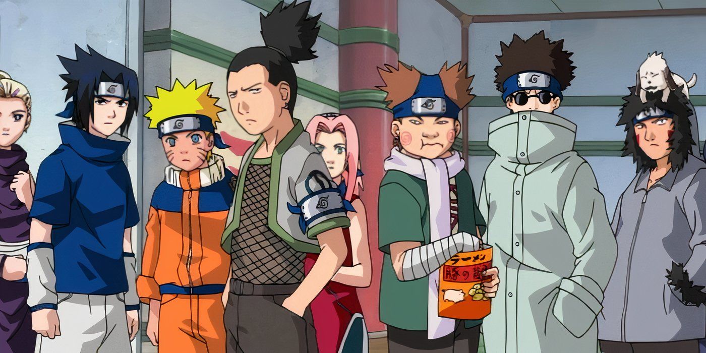 Naruto main characters lining up for the Chunin Exams