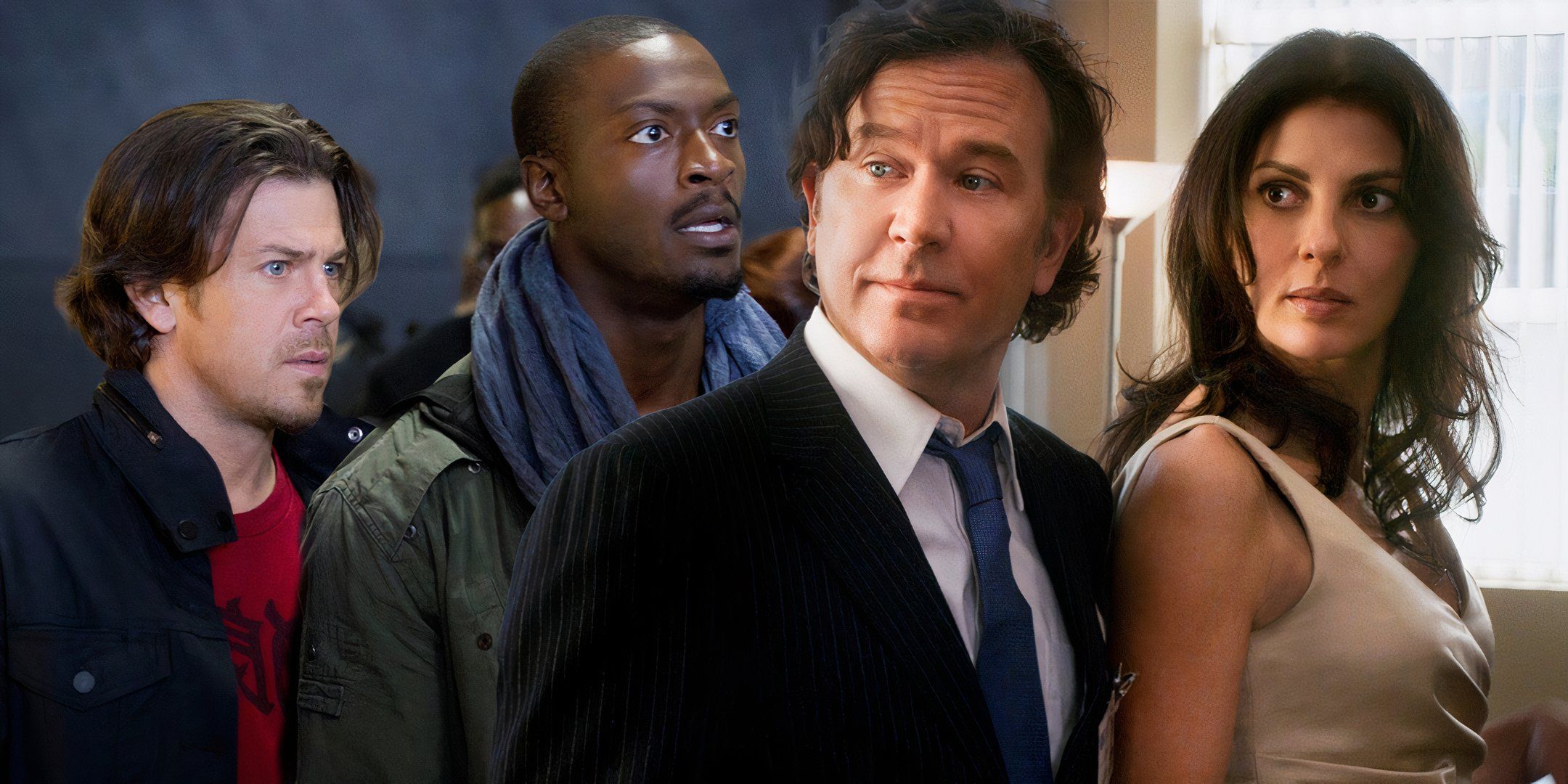 Nate smiling, Sophie looking curiously, and Eliot and Hardison looking intensely in Leverage