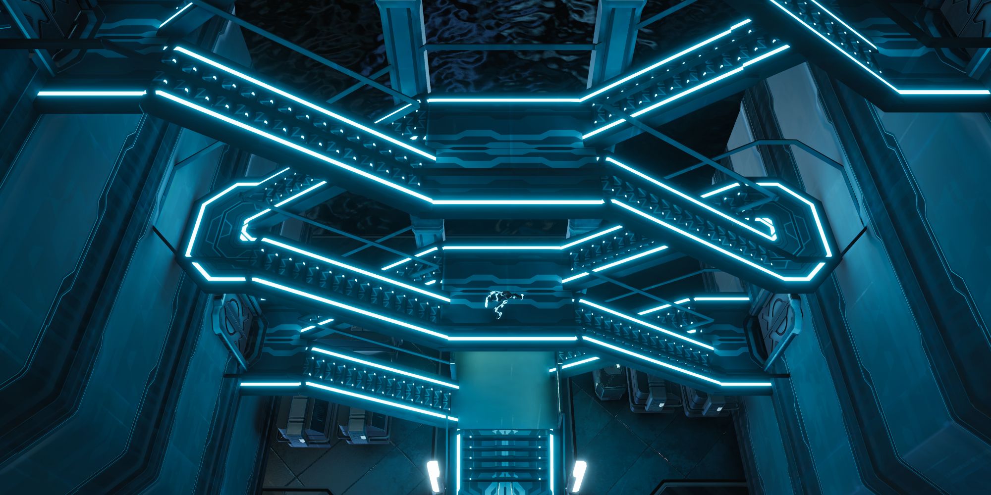 A player climbing a spiraling neon staircase in TRON: Catalyst