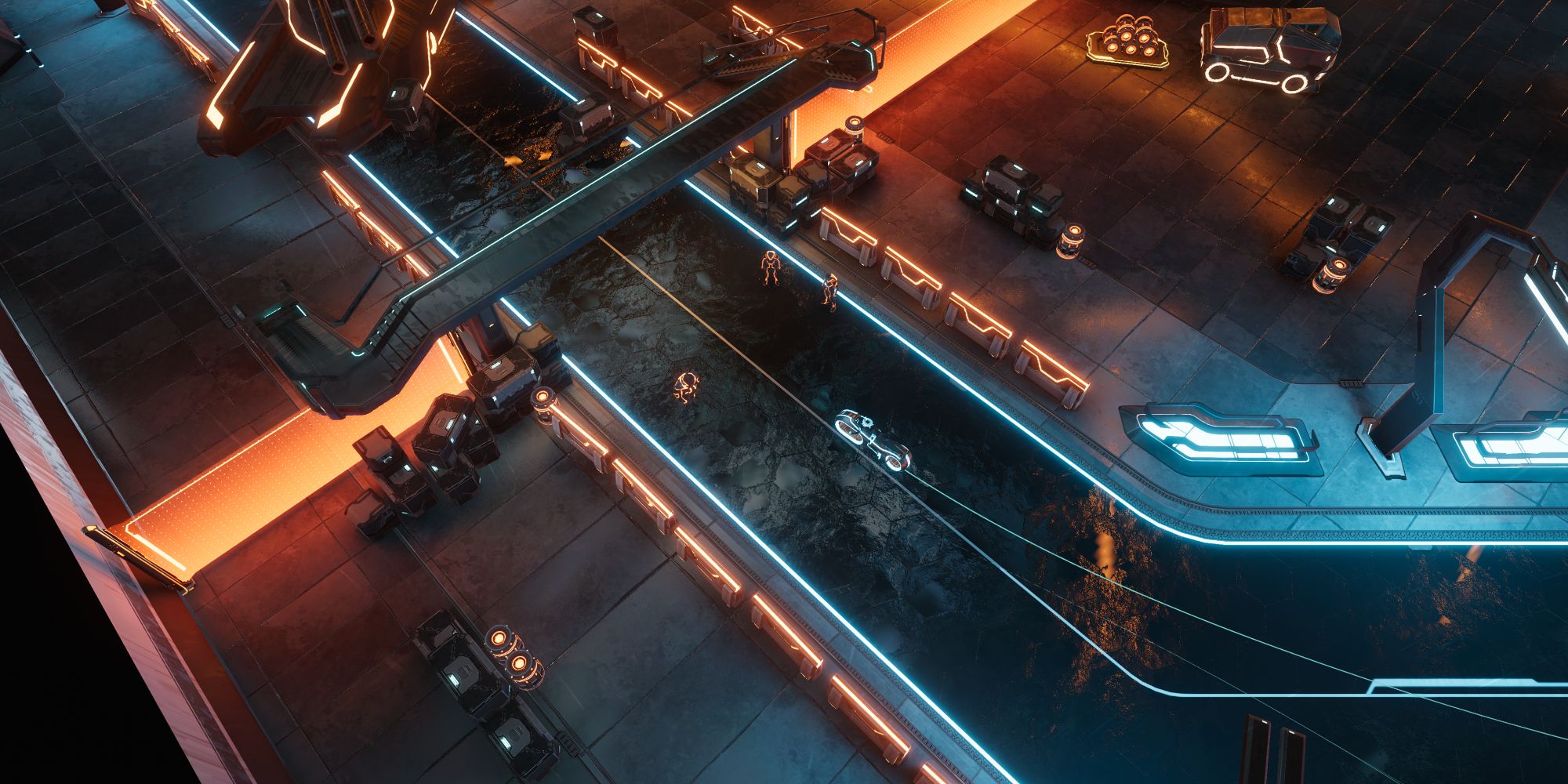 A player driving a Light Cycle near orange barriers in TRON: Catalyst